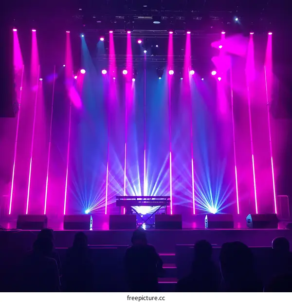 An empty concert stage with purple and blue lights