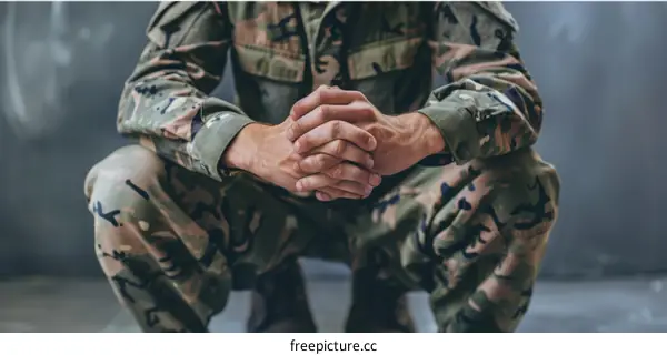 Soldier crouches in a contemplative pose
