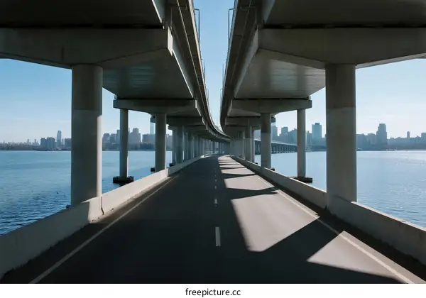 A long bridge spanning over a body of water with cityscape in the background