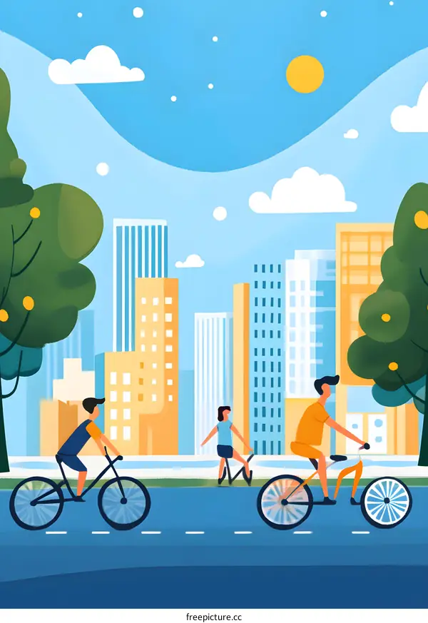 Cartoon Illustration Of People Riding Bikes In The City
