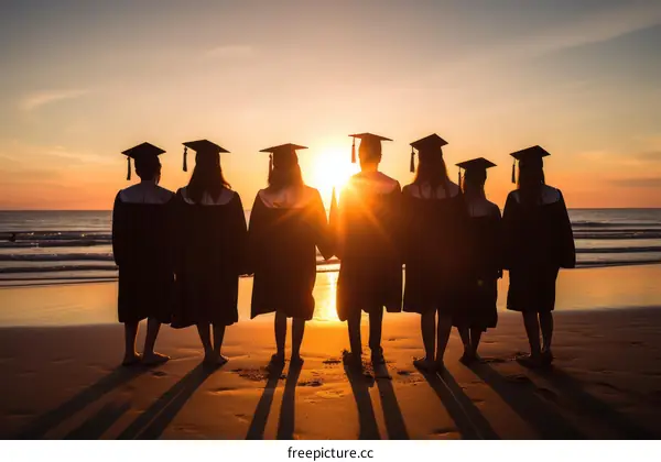 A group of university graduates in their caps and gowns stand on the beach as the sun sets