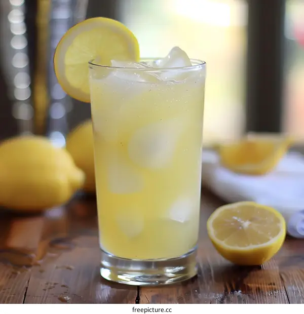Glass of Lemonade With Lemon Slices and Ice