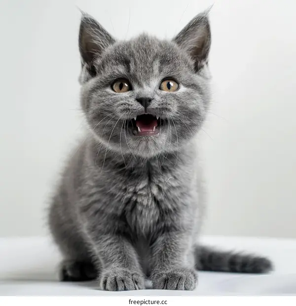 Cute gray kitten with big eyes and mouth open