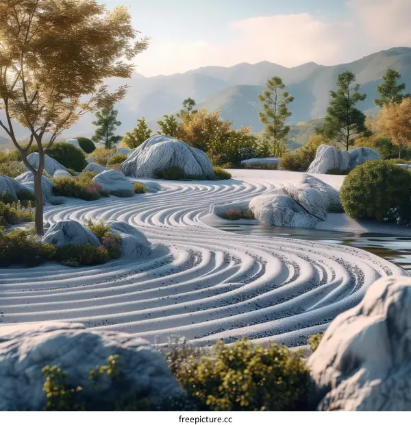 Japanese Zen garden with raked sand and stone