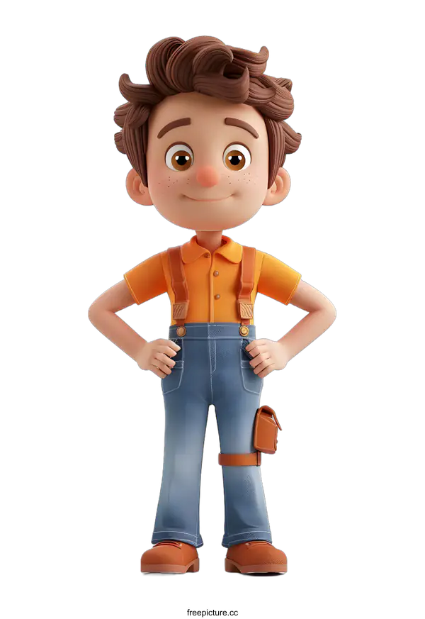 [Transparent Background PNG]A 3D rendering of a young boy with brown hair and blue eyes wearing a yellow shirt and blue jeans.