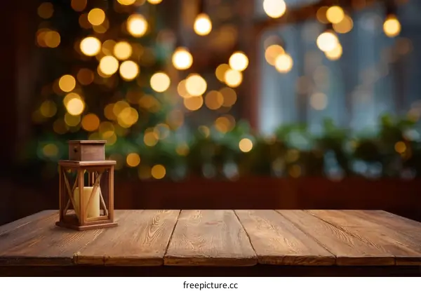 Wooden Lantern on Rustic Tabletop with Bokeh Background