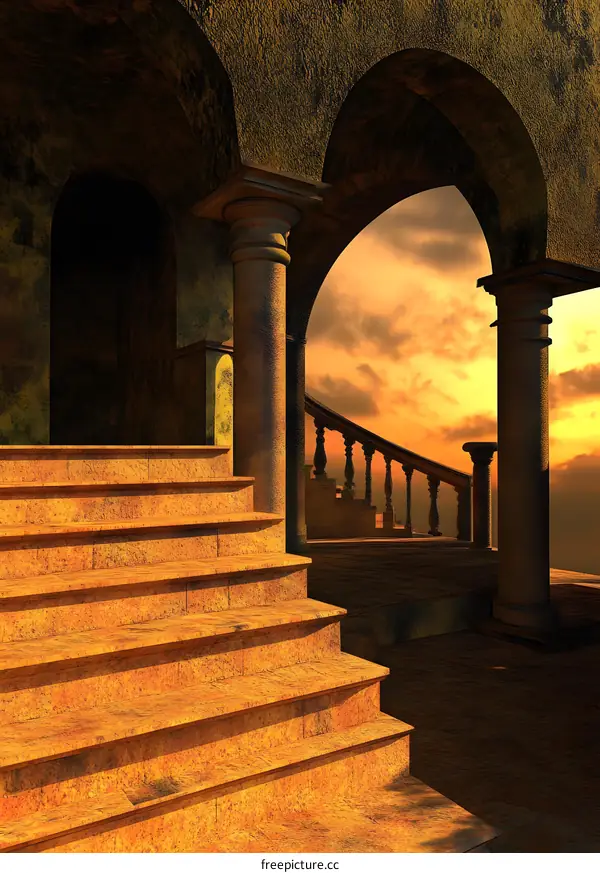 Golden Stone Staircase Leading to an Archway with Sunset View