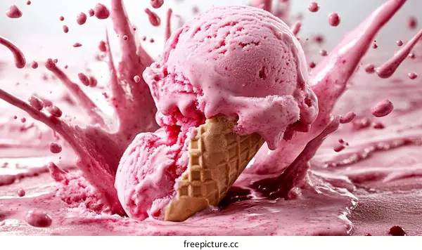 Pink Ice Cream Cone with Splashing Liquid
