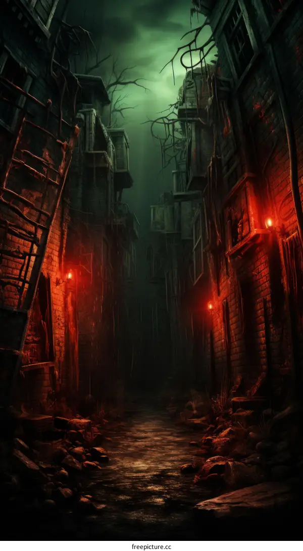 Eerie Red-Lit Alleyway Between Buildings