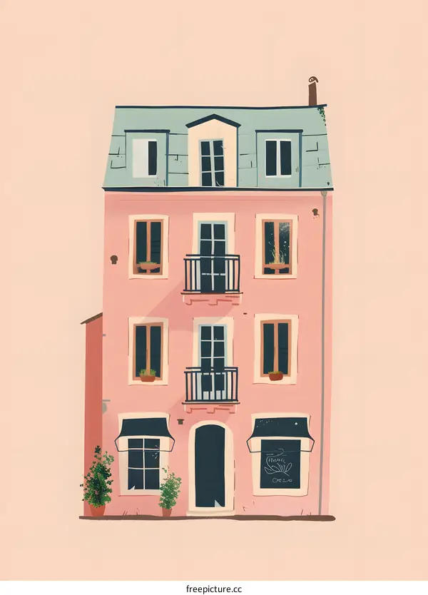 Pink Building Illustration with Green Roof and Windows