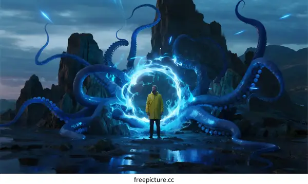 Mysterious Figure Standing Before Glowing Blue Octopus Tentacles Portal