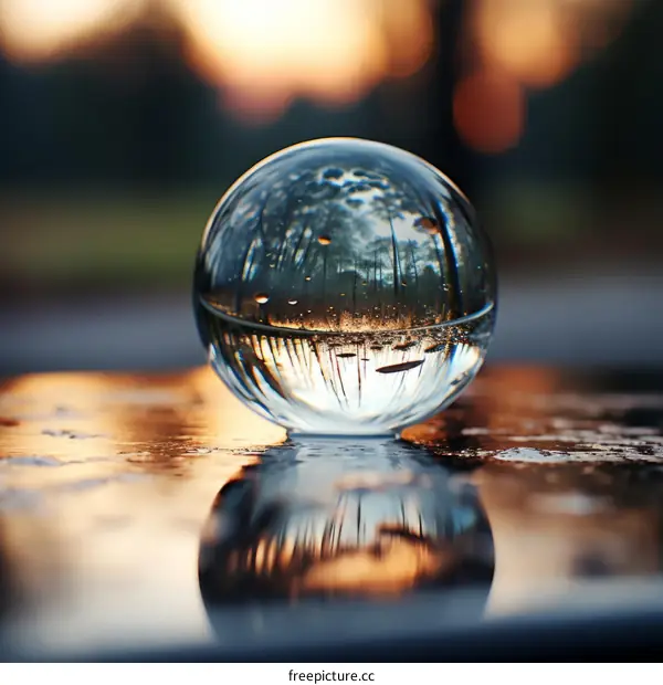 Crystal ball on a reflective surface with a forest scene inside it and a reflection of the ball on the surface