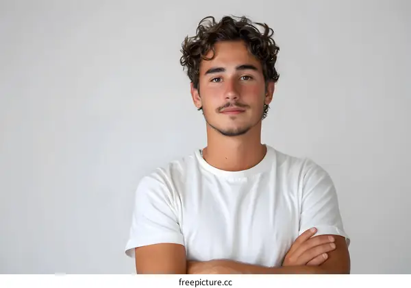 Portrait of a Young Man with Curly Hair and a White T-shirt