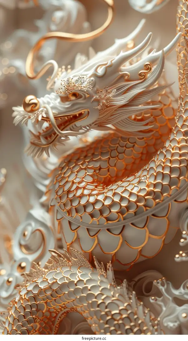A 3D rendering of a golden and white dragon with intricate details.