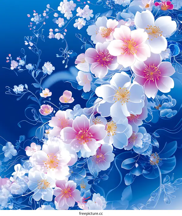 Pink and White Flowers on a Blue Background