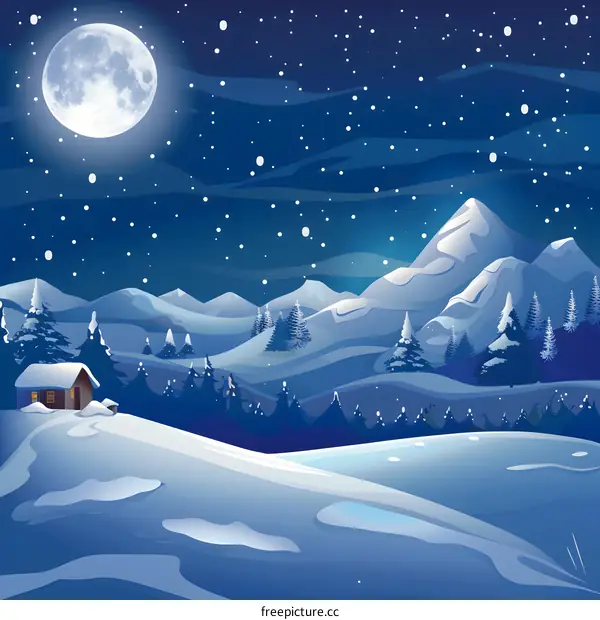 Snowy Mountains Night Scene with Full Moon