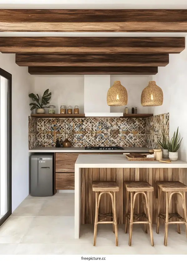 Modern Kitchen Interior Design With Wooden Beams and Wicker Stools