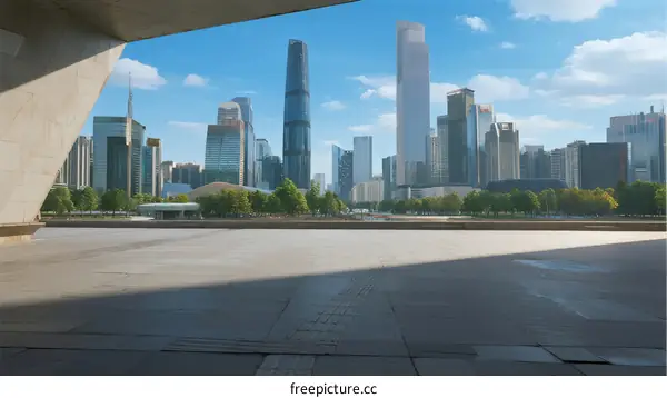 Modern city skyline with tall skyscrapers under a clear blue sky