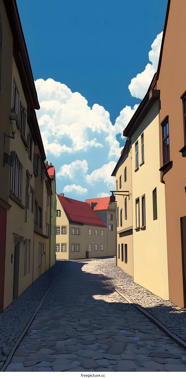 Cobblestone Street in European City with Buildings and Blue Sky