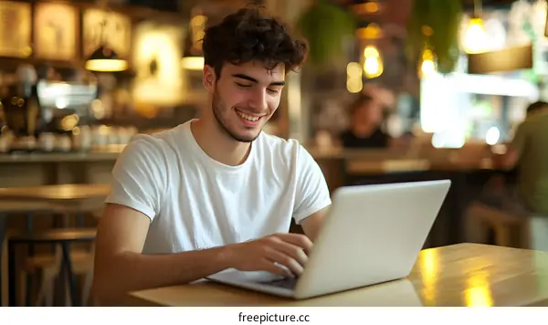 Smiling Man Working on Laptop in Cafe