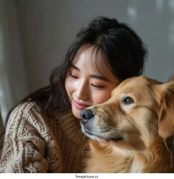 A young woman is sitting on a couch with her golden retriever dog.