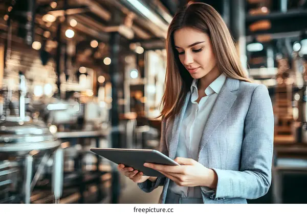 Young Woman in Suit Uses Digital Tablet in Factory Setting