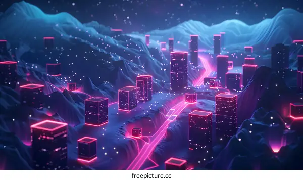 A glowing purple city in the mountains.
