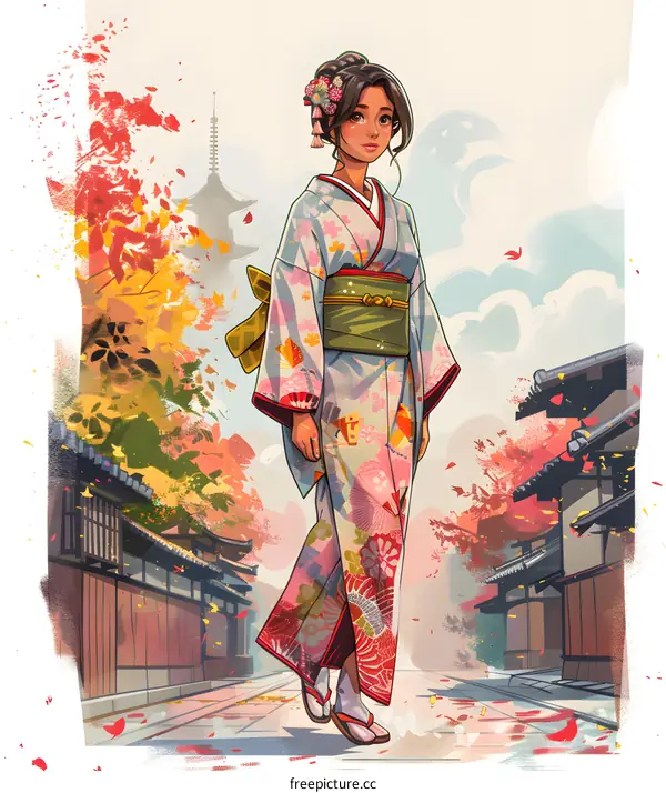 A young woman in a kimono walks down a street in Japan