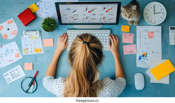 Busy Woman Working From Home Office Desk