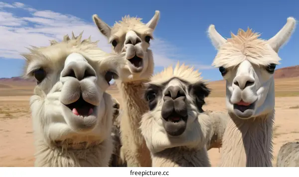 Four funny llamas looking at the camera