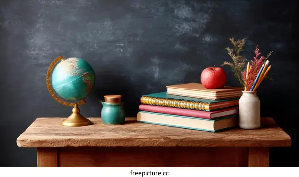 Classroom Still Life Featuring Books, Globe, and Apple