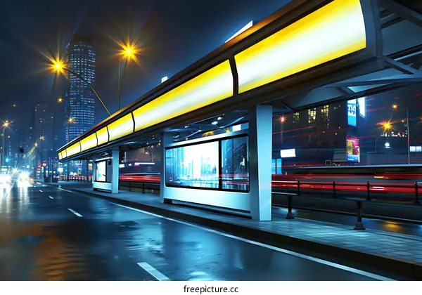 Night Bus Stop in the City With Blurry Lights