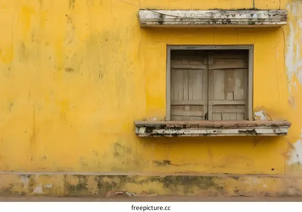 Yellow Wall With Window And Wooden Shutters