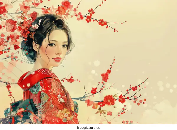 A beautiful Japanese woman in a red kimono standing in a field of cherry blossoms.
