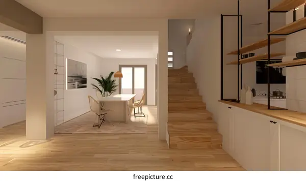 Modern Home Interior Design with Wooden Stairs and Shelving