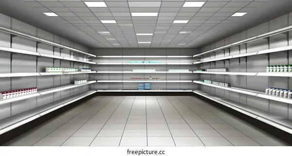 Empty Supermarket Aisle with Shelves