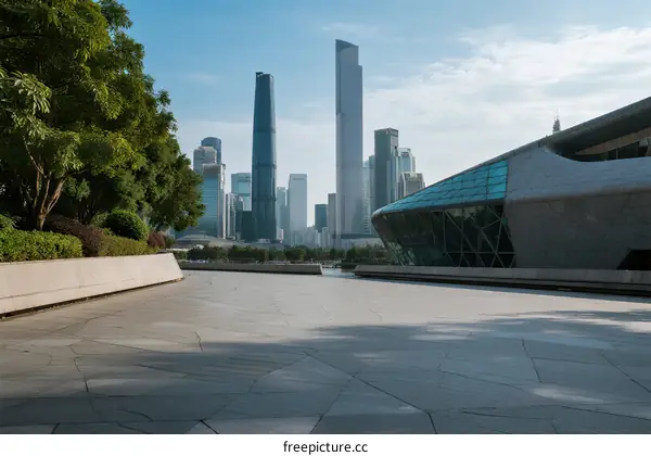 Modern city skyline with open square and modern buildings