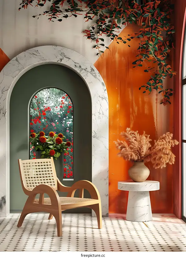 Modern Minimalist Interior Design with Archway, Chair, and Marble Table