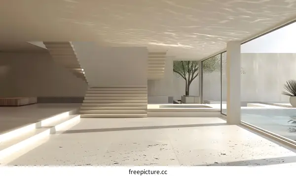 Minimalist Interior Design with White Stairs and Swimming Pool View