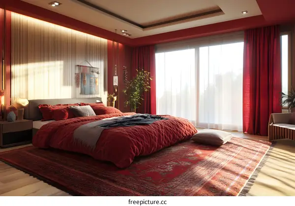 Modern Bedroom Interior Design with Red and Beige Colors
