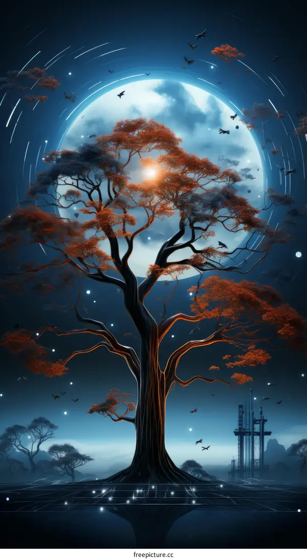Fantasy landscape with a large tree with red leaves and a large moon in the background