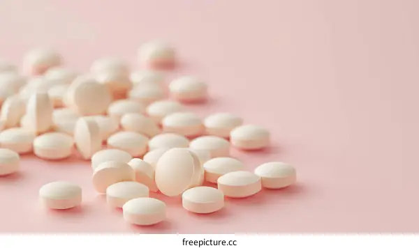 Close-up image of white pills spilled on a pink surface