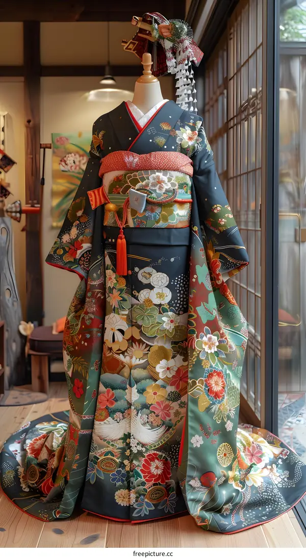 A woman wearing a kimono with a floral pattern