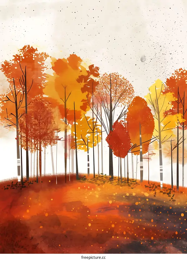 Autumn Trees Illustration with Abstract Fall Colors