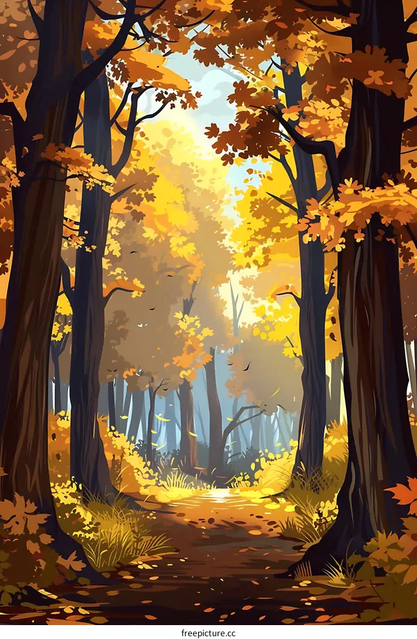 Autumn Forest Path with Golden Leaves