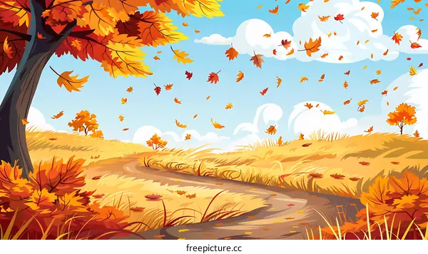 Autumn Landscape with Falling Leaves and Winding Path