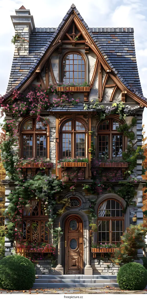 European-style architecture house with flowers