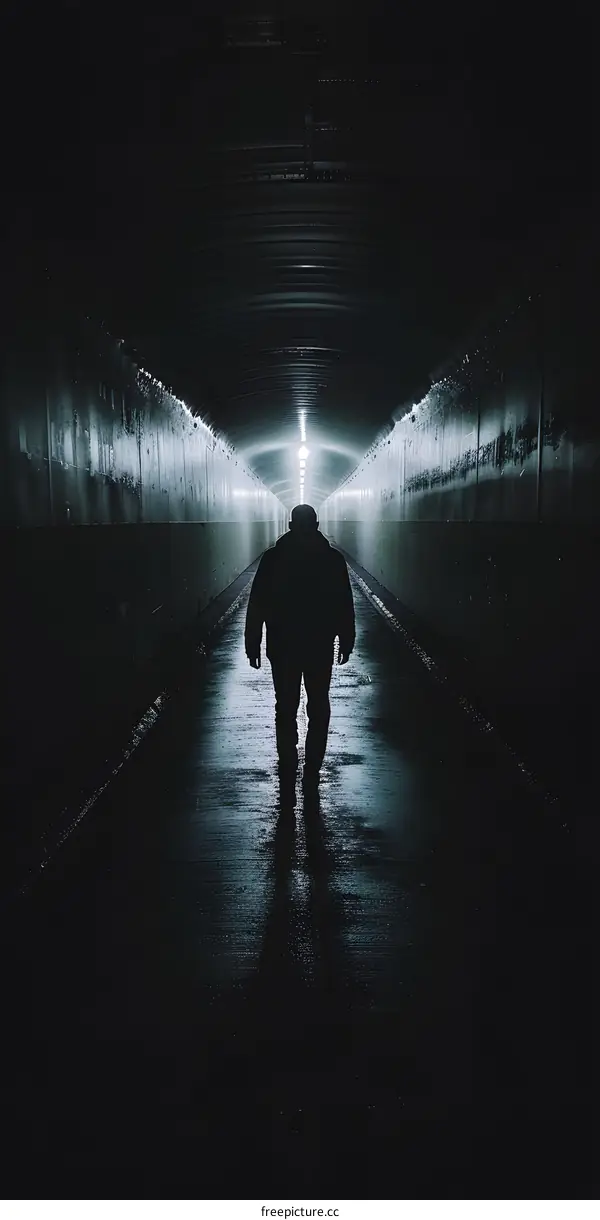 Silhouette of a Person Walking Through a Dark Tunnel