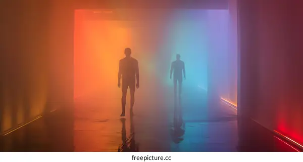 Silhouettes of Two Men Walking Through a Foggy Corridor with Colorful Lights