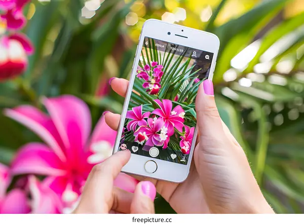 Woman Taking a Photo of Pink Flowers on Her Smartphone
